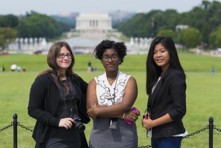 PBS Student Reporting Labs journalists in front of Lincoln Memorial in Washington, D.C.